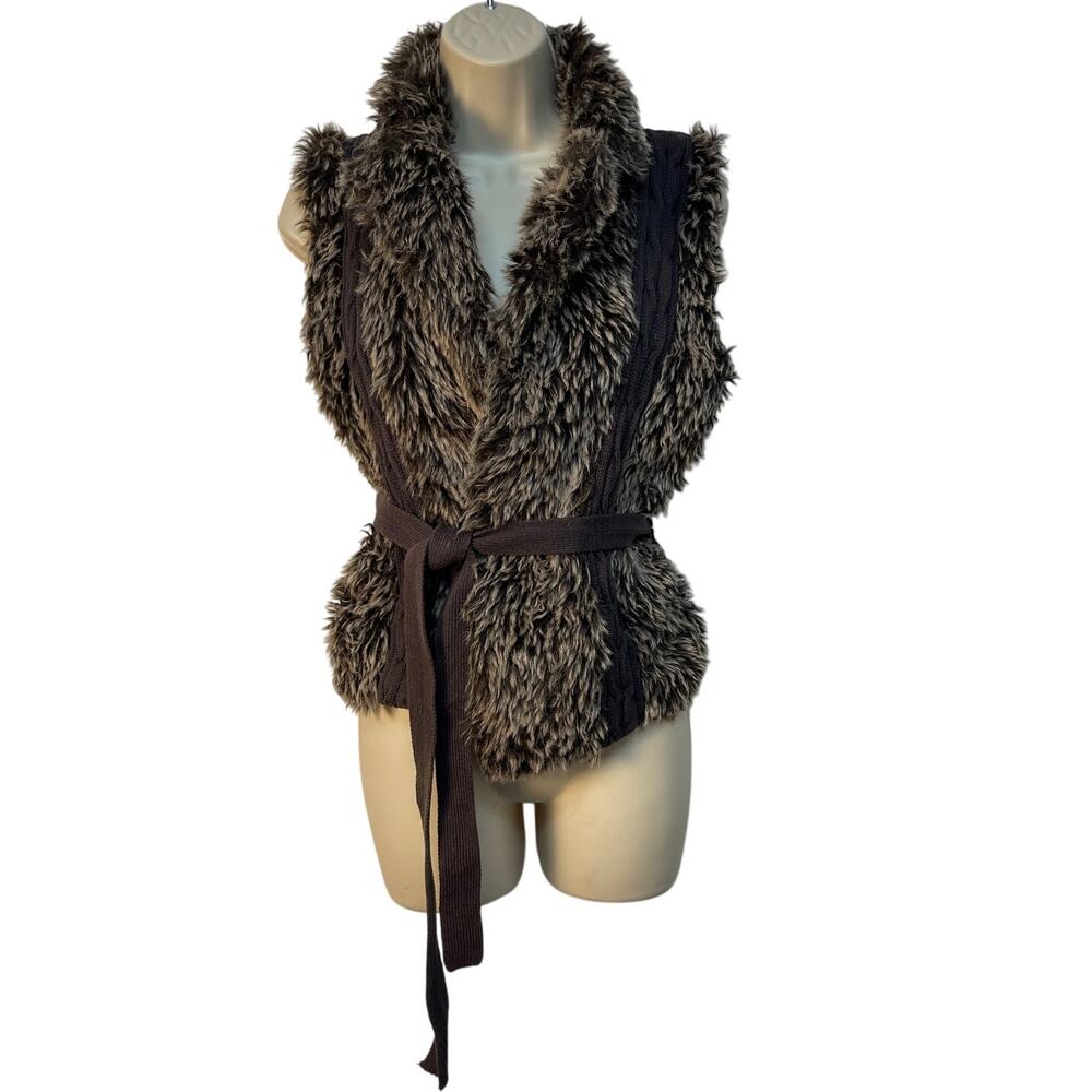 XOXO Brown Faux Fur and Cotton Belted Vest Large Pre-owned